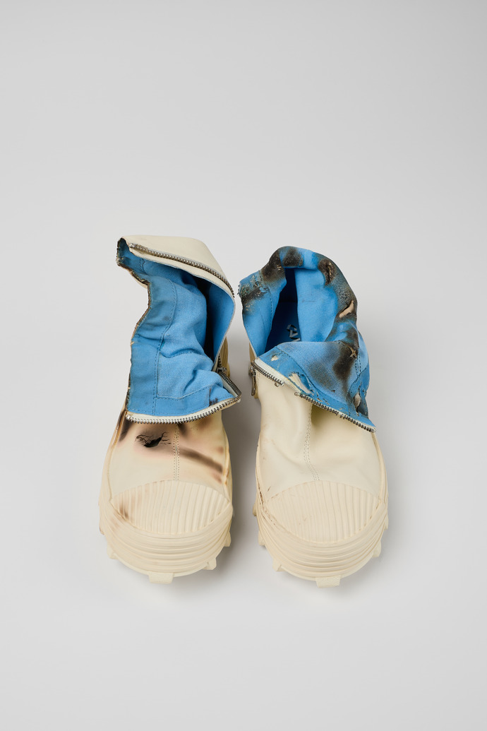 Overhead view of Traktori x Róisín Murphy #2 Customized white leather boots