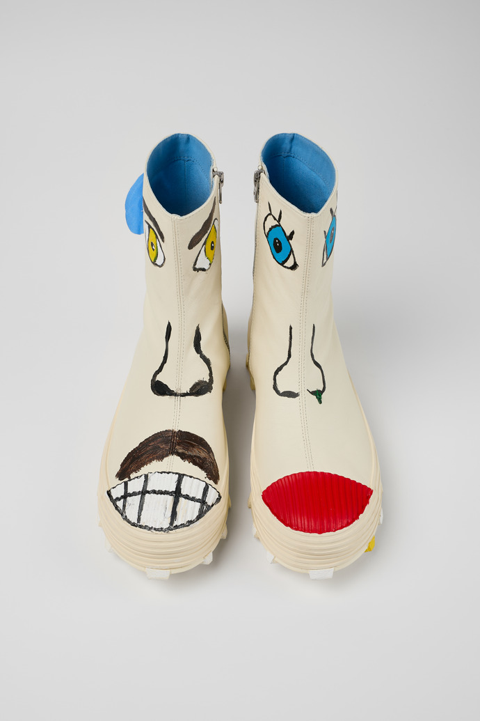 Overhead view of Traktori x Tierra Whack #14 Customized white leather boots