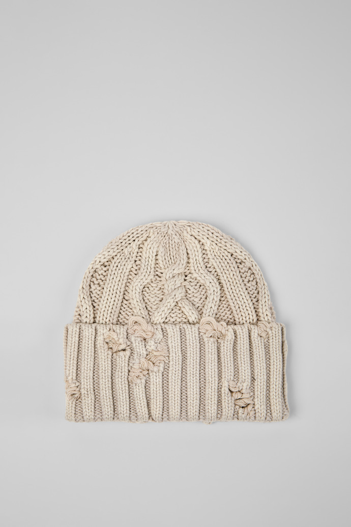 Side view of DISTRESSED CABLE KNIT BEANIE OFF WHITE