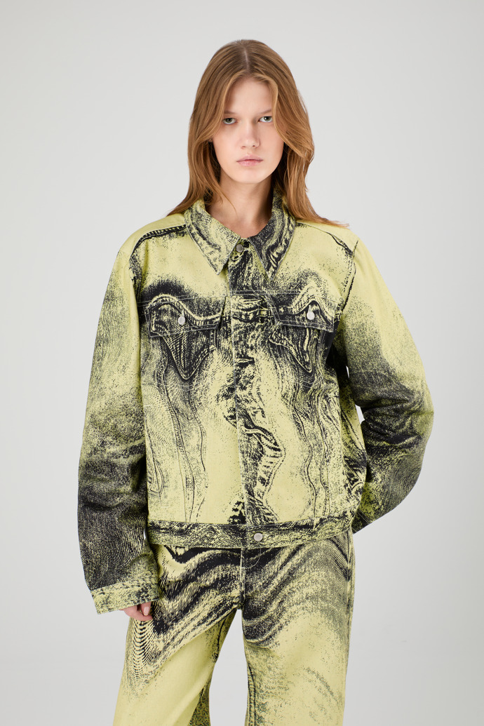 Denim Jacket  Yellow-Black Distorted Print Denim Jacket