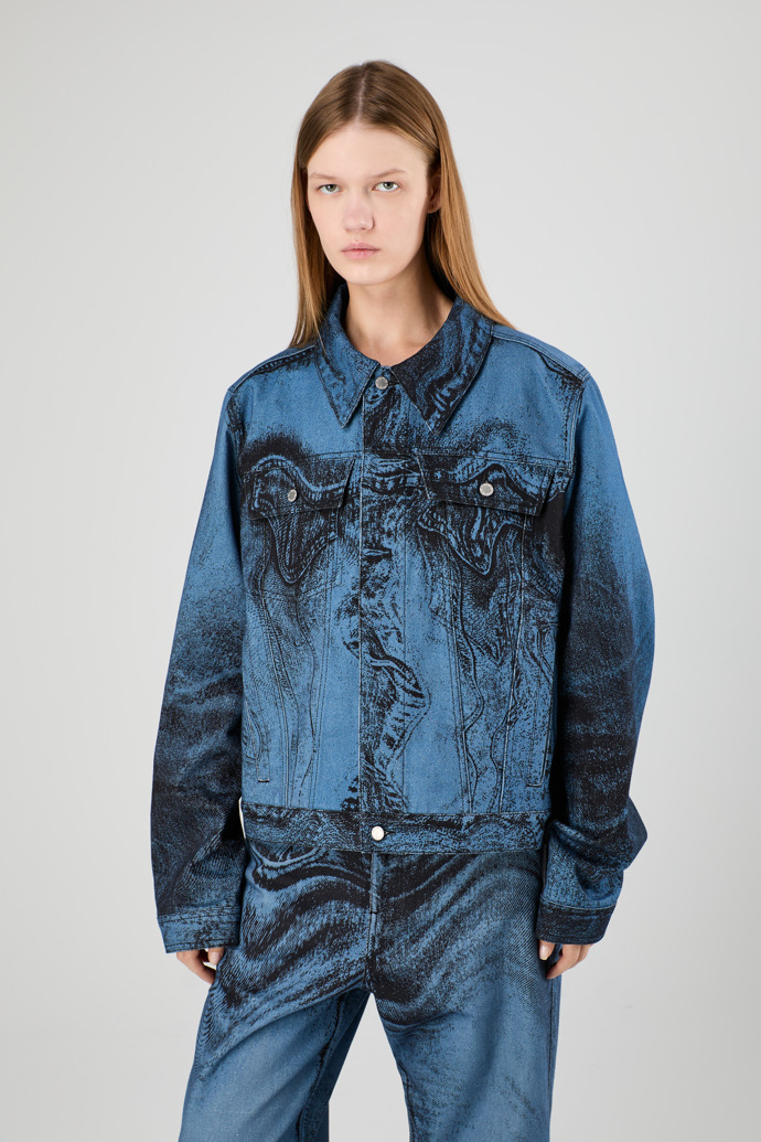 Denim Jacket  Dark Blue-Black Distorted Print Denim Jacket