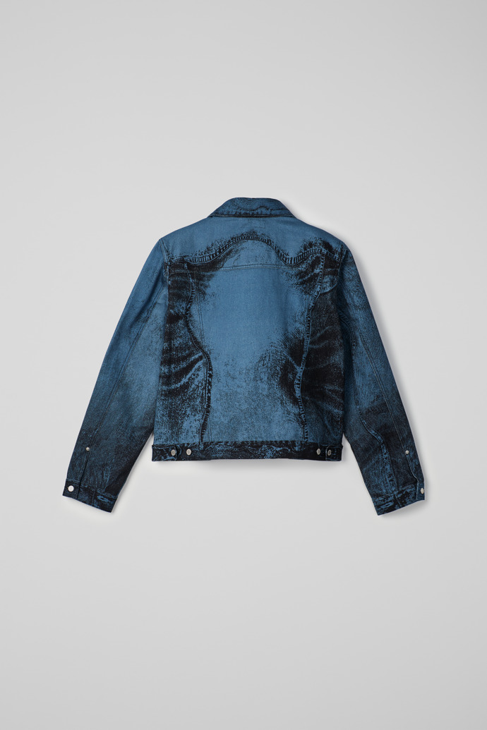 Back view of Denim Jacket  Dark Blue-Black Distorted Print Denim Jacket