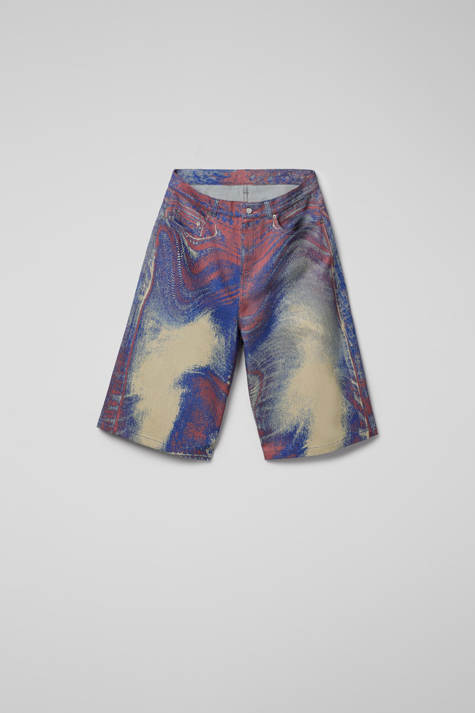 Side view of Denim Shorts Blue-Beige-Red Denim Shorts