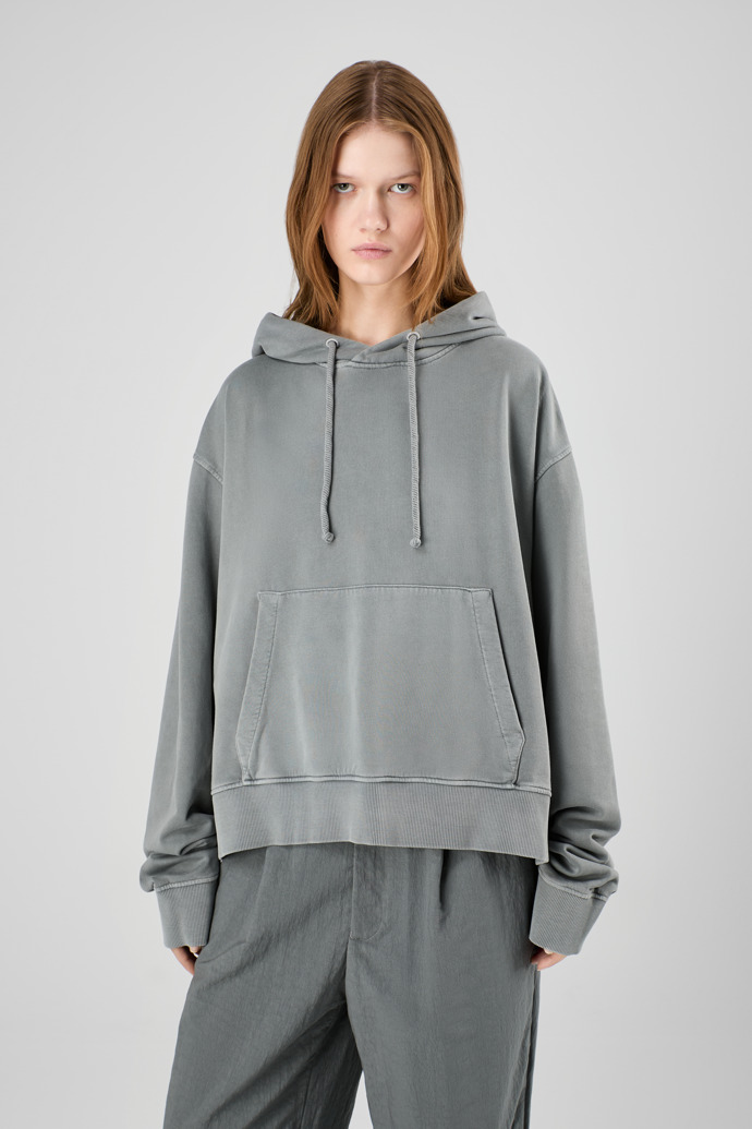 Hoodie Felpa con cappuccio squadrata con tintura minerale grigia