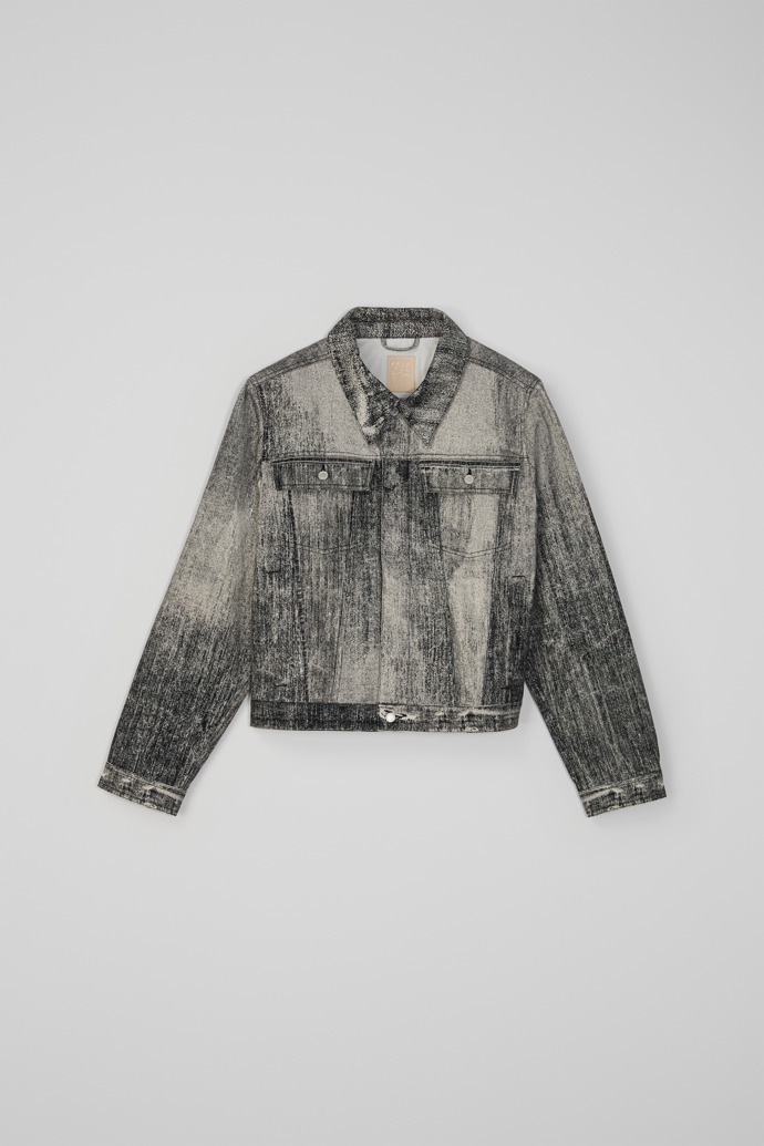 Side view of Denim Faded Black Paint Print Denim Jacket