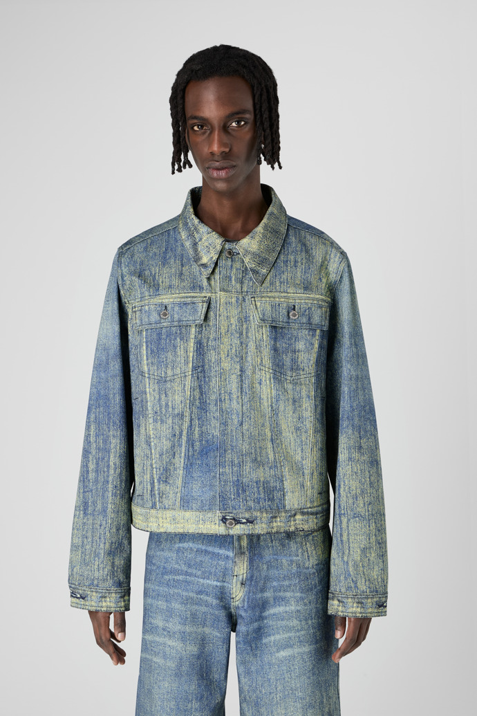 Denim Sand Blue Paint Print Denim Jacket