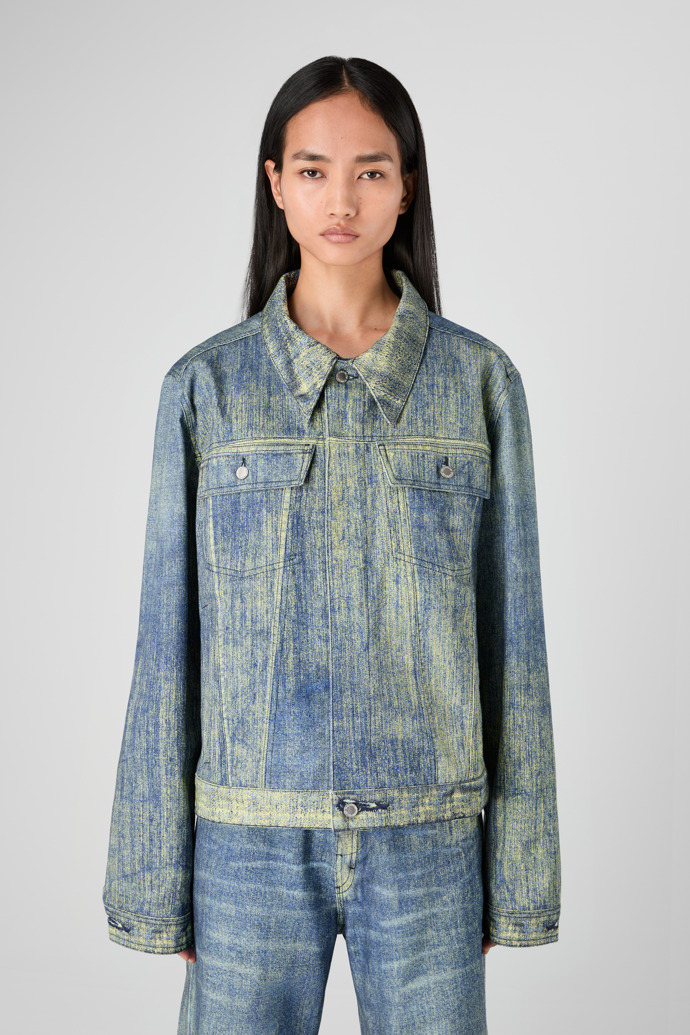 Denim Sand Blue Paint Print Denim Jacket