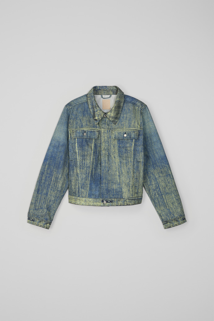 Side view of Denim Sand Blue Paint Print Denim Jacket