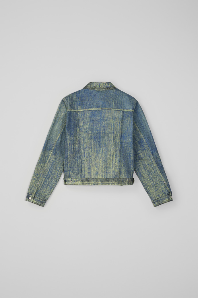 Back view of Denim Sand Blue Paint Print Denim Jacket