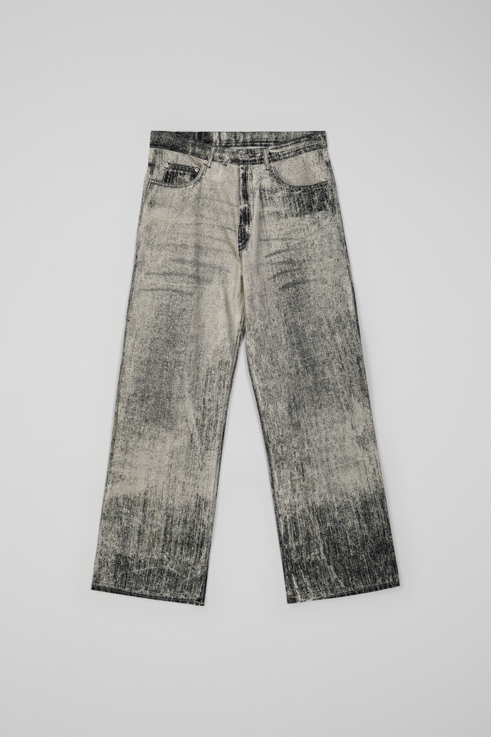 Side view of Denim Faded Black Paint Print Denim Jeans