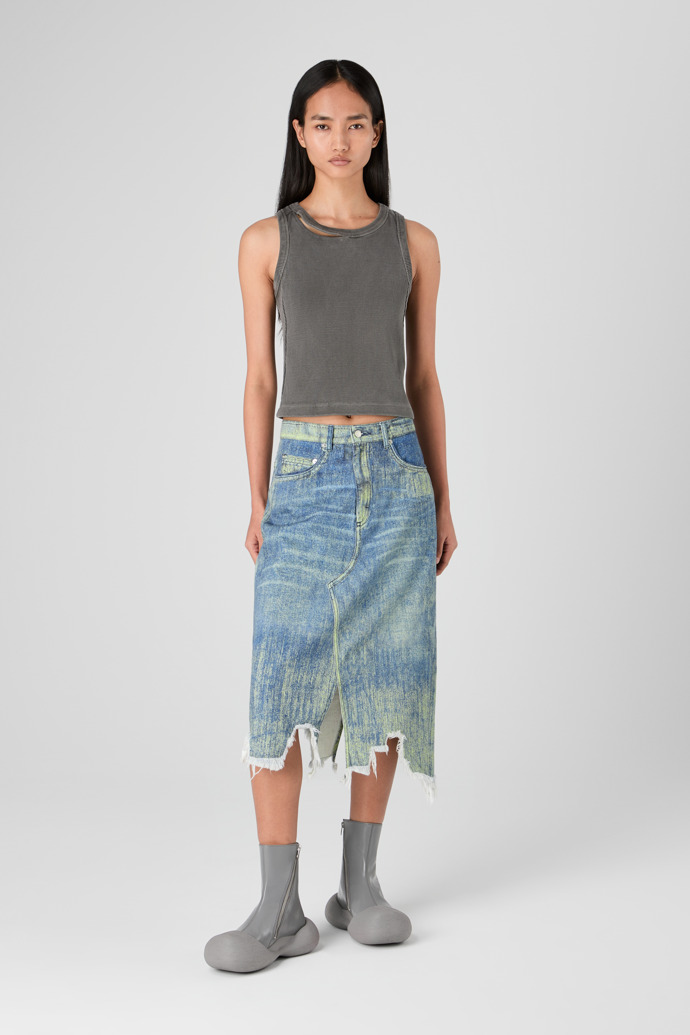 Denim Skirt Sand Blue Paint Print Denim Skirt