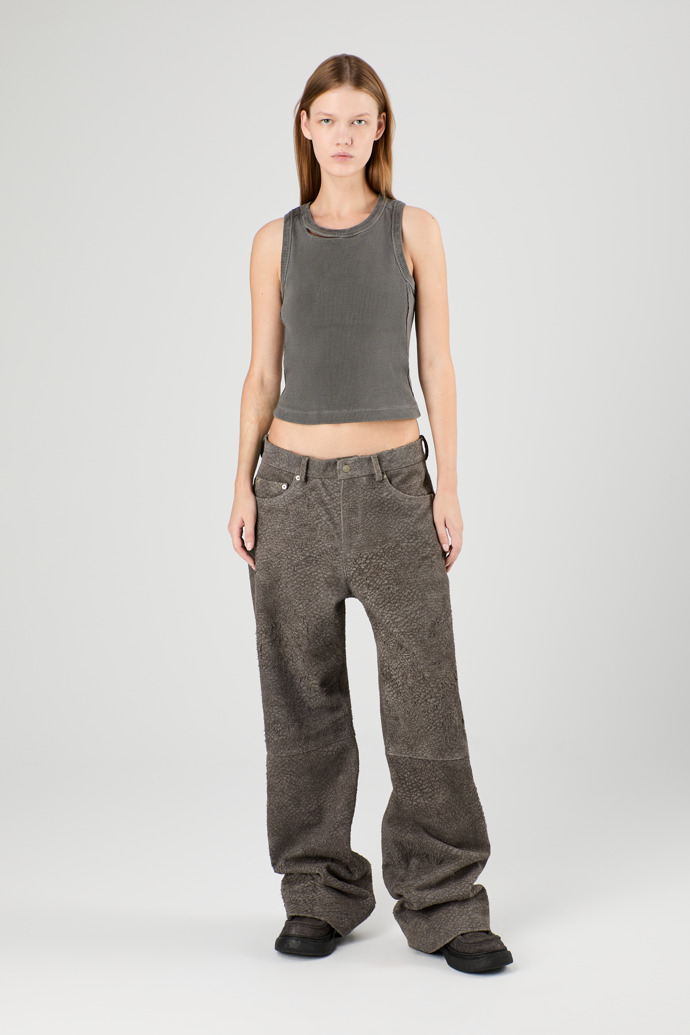 Suede Trousers Gray Wrinkled Suede Leather Trousers