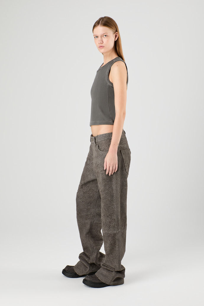 Suede Trousers Gray Wrinkled Suede Leather Trousers