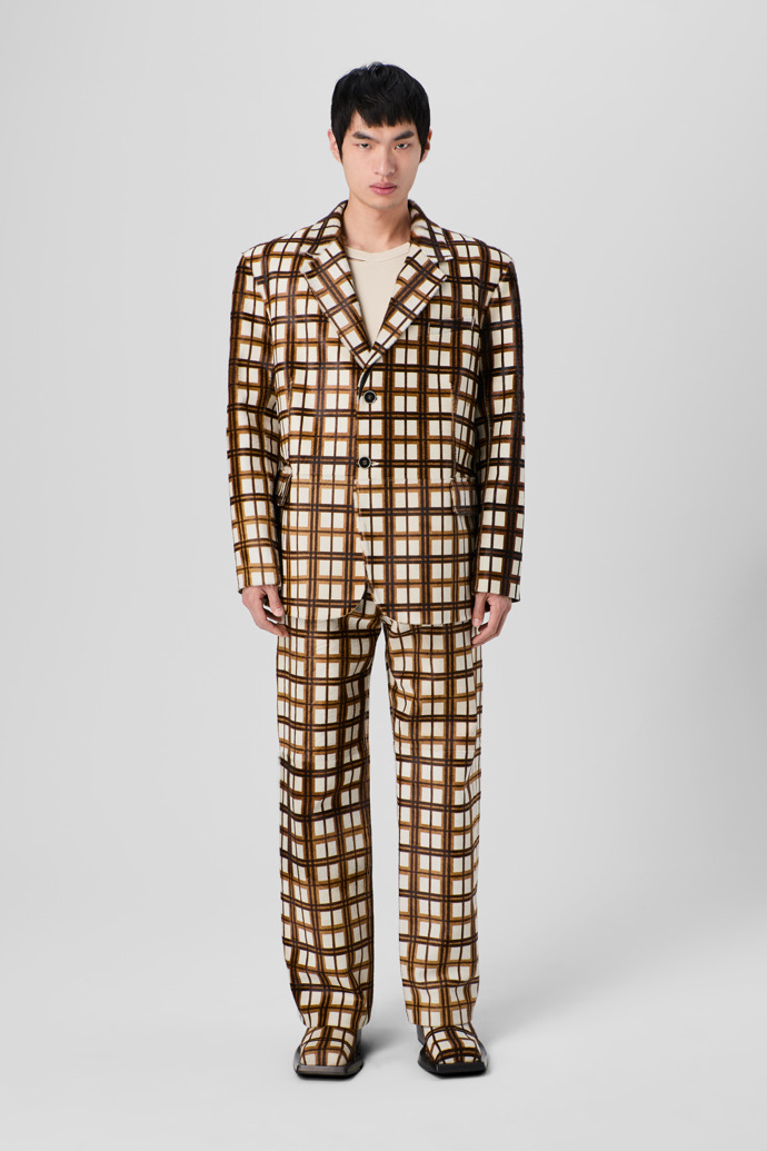 CAMPERLAB LEATHER Cream-brown tartan hair-on-leather blazer