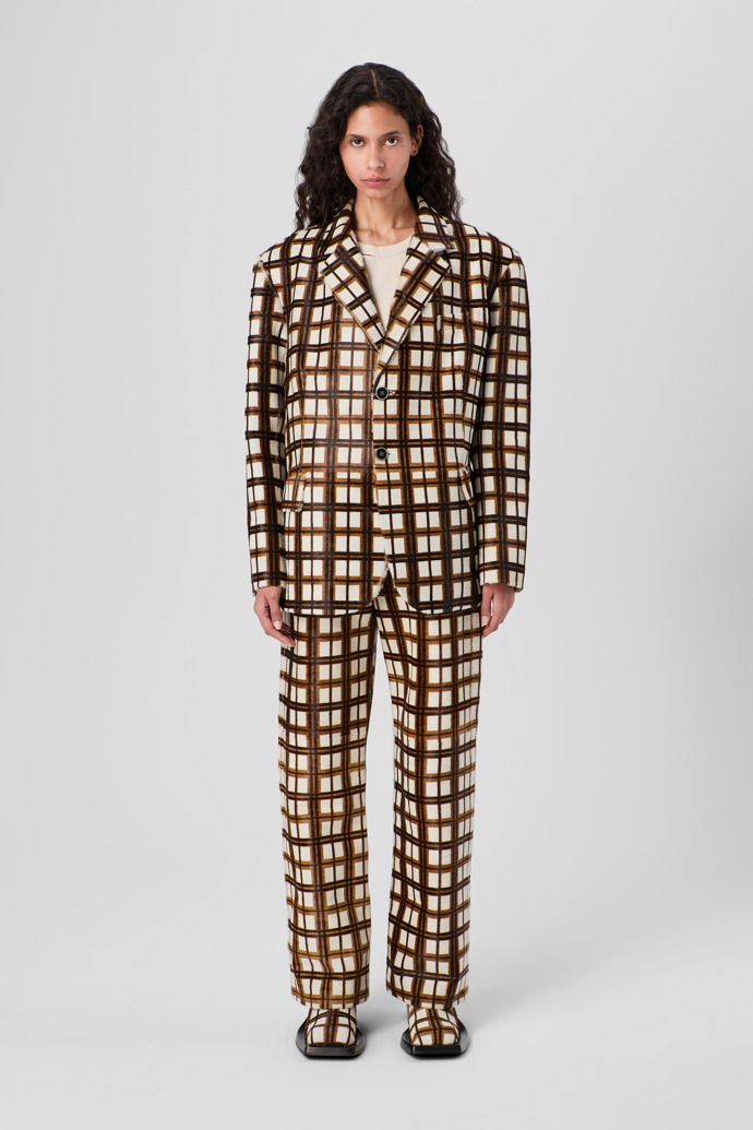CAMPERLAB LEATHER Cream-brown tartan hair-on-leather blazer