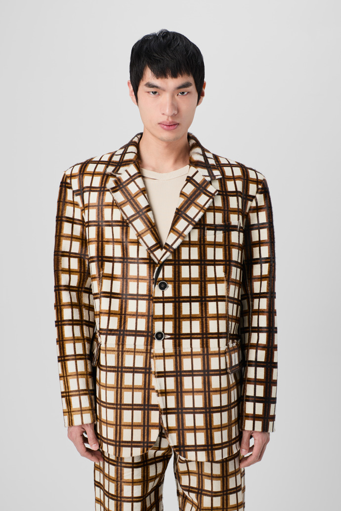 CAMPERLAB LEATHER Cream-brown tartan hair-on-leather blazer