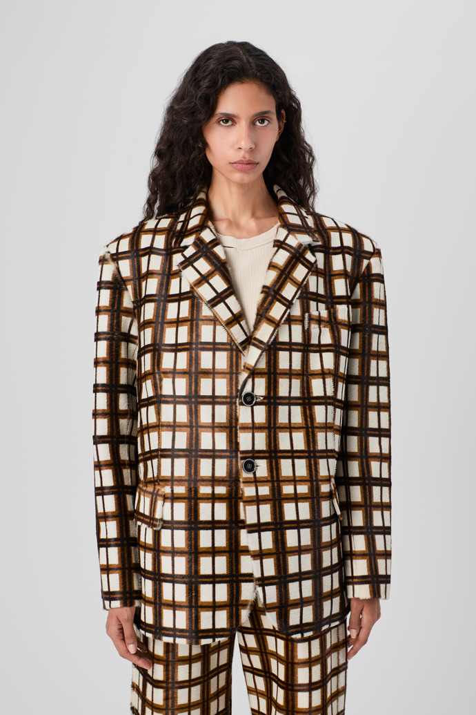 CAMPERLAB LEATHER Cream-brown tartan hair-on-leather blazer