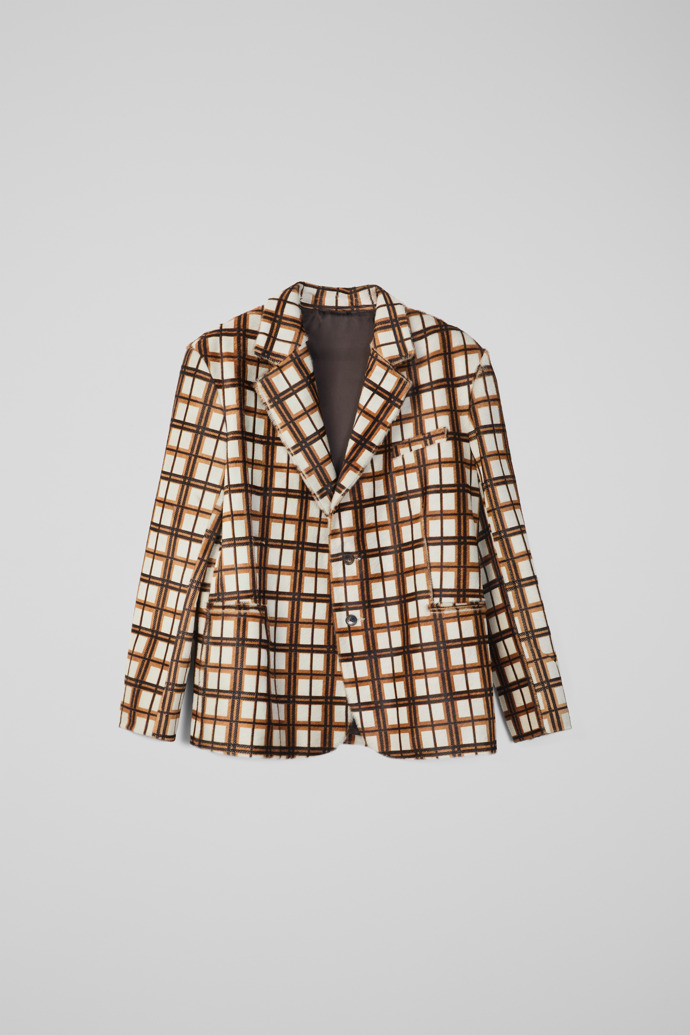 Side view of CAMPERLAB LEATHER Cream-brown tartan hair-on-leather blazer