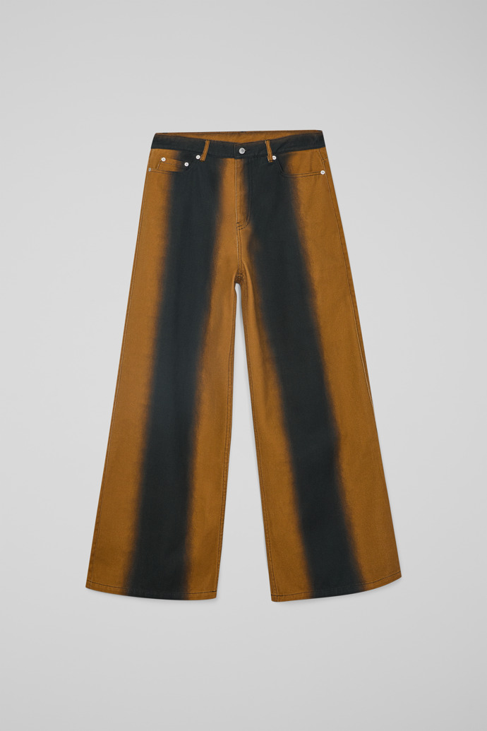 Side view of CAMPERLAB DENIM Terracotta bootcut jeans with printed spray effect