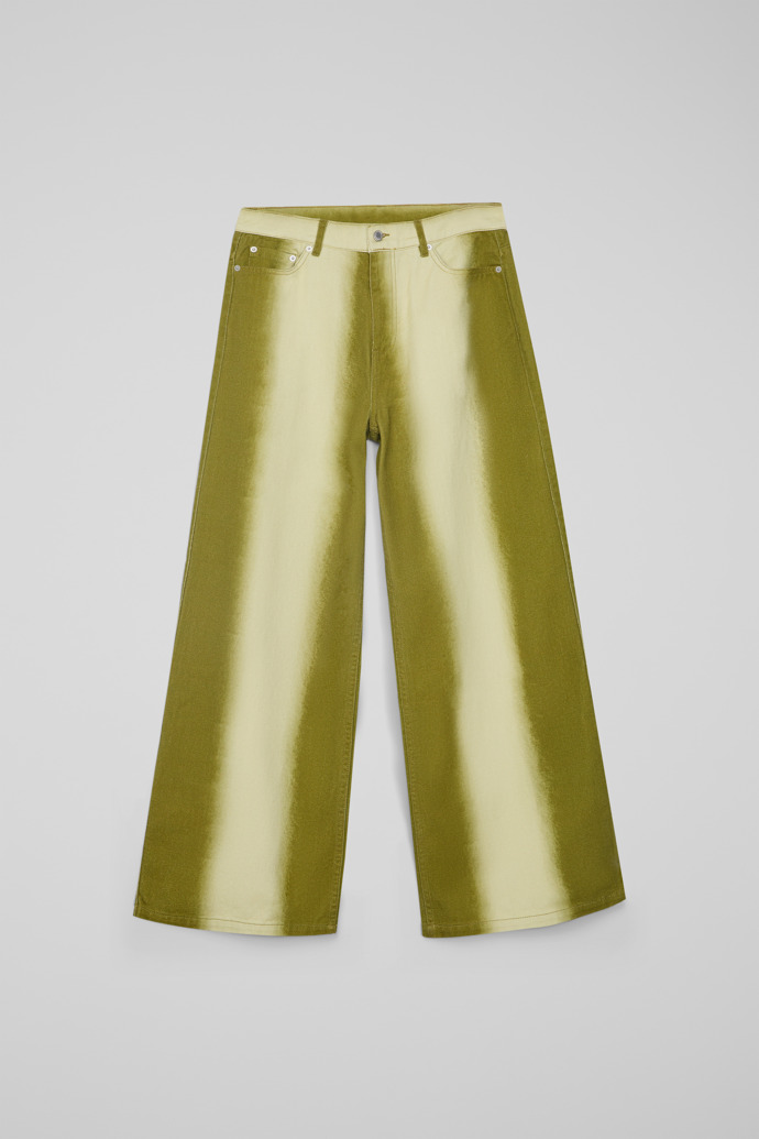 Side view of CAMPERLAB DENIM Green bootcut jeans with printed spray effect