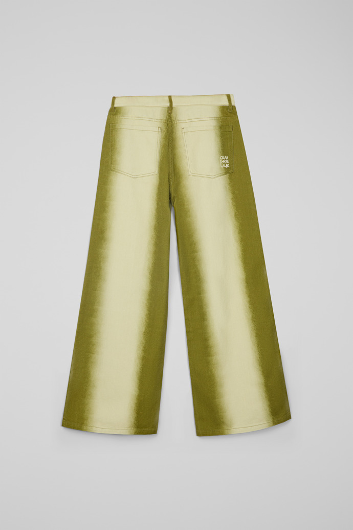 Back view of CAMPERLAB DENIM Green bootcut jeans with printed spray effect
