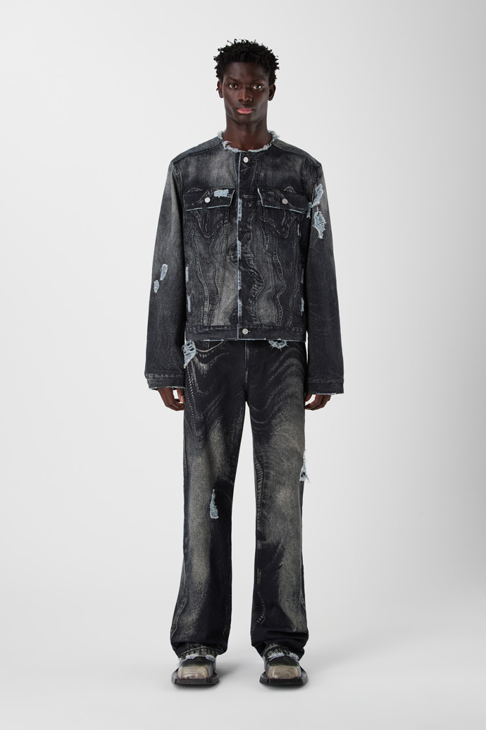 DISTORTED PRINT DISTRESSED DENIM JACKET BLACK-Gray