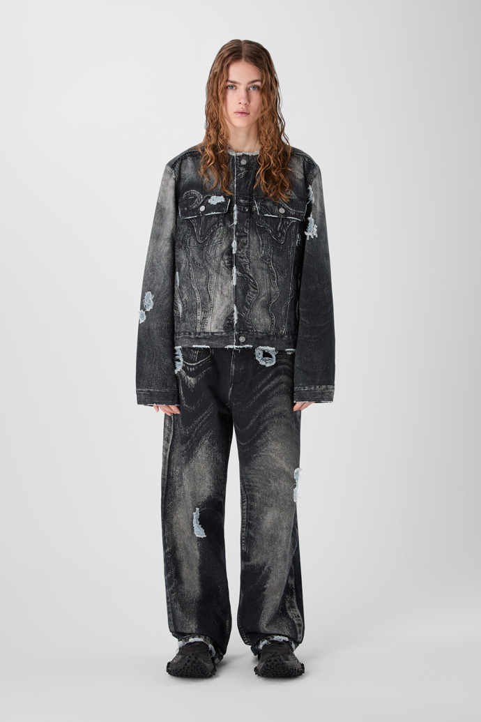 DISTORTED PRINT DISTRESSED DENIM JACKET BLACK-Gray
