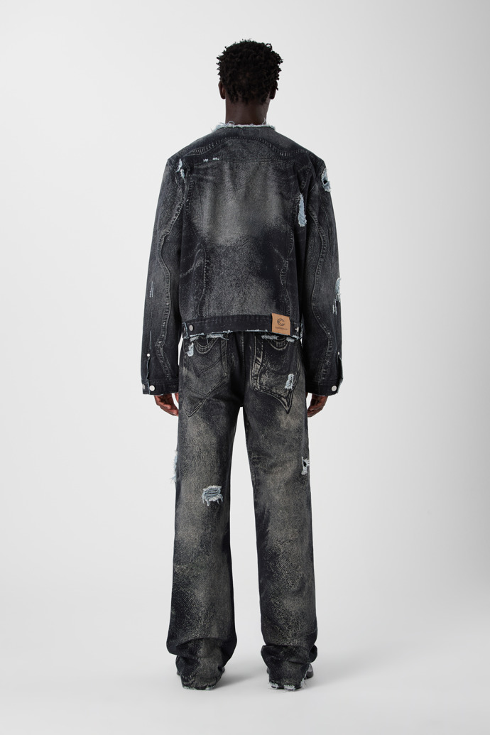 DISTORTED PRINT DISTRESSED DENIM JACKET BLACK-Gray