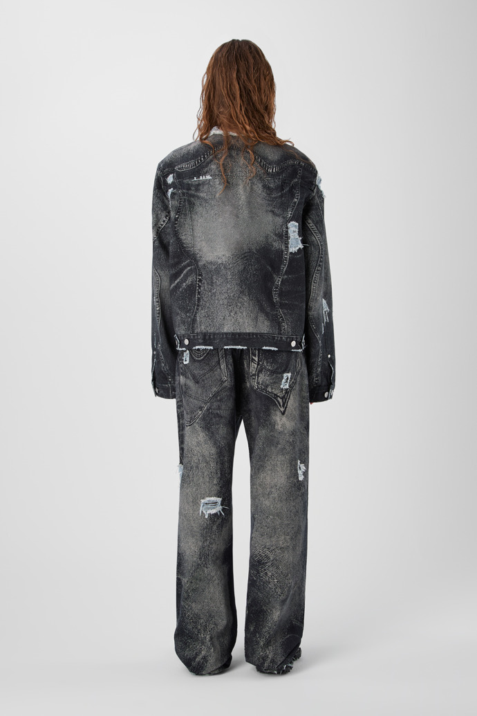 DISTORTED PRINT DISTRESSED DENIM JACKET BLACK-Gray