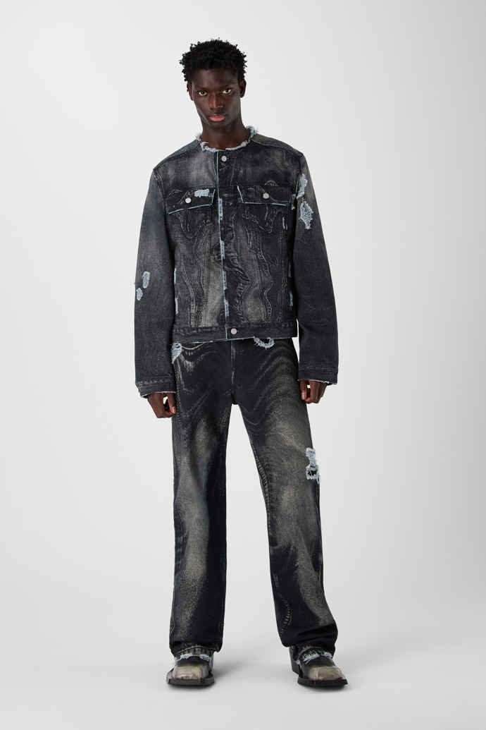 DISTORTED PRINT DISTRESSED DENIM JACKET BLACK-Gray