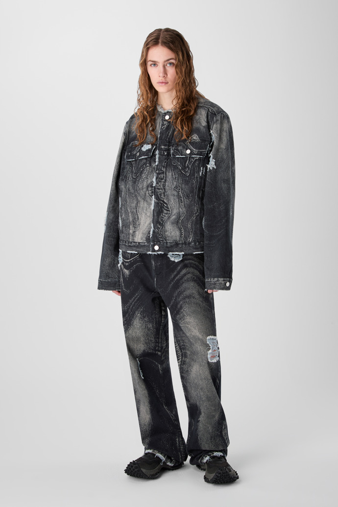 DISTORTED PRINT DISTRESSED DENIM JACKET BLACK-Gray