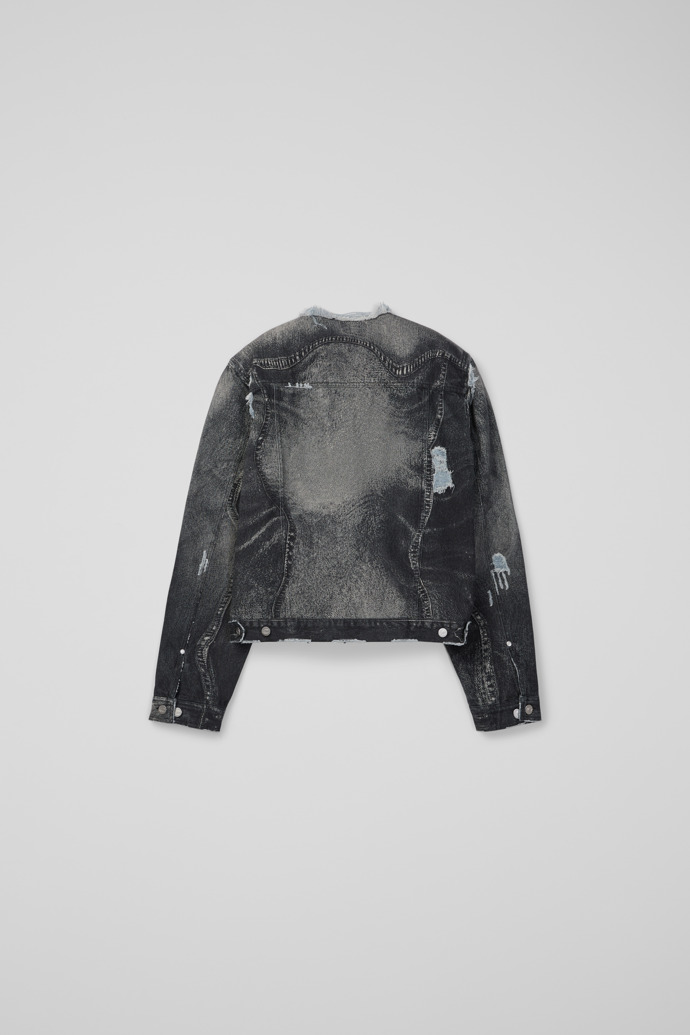 Back view of DISTORTED PRINT DISTRESSED DENIM JACKET BLACK-Gray