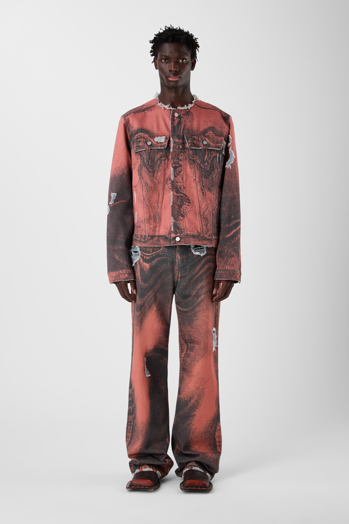 DISTORTED PRINT DISTRESSED DENIM JACKET NARANJA-NEGRO