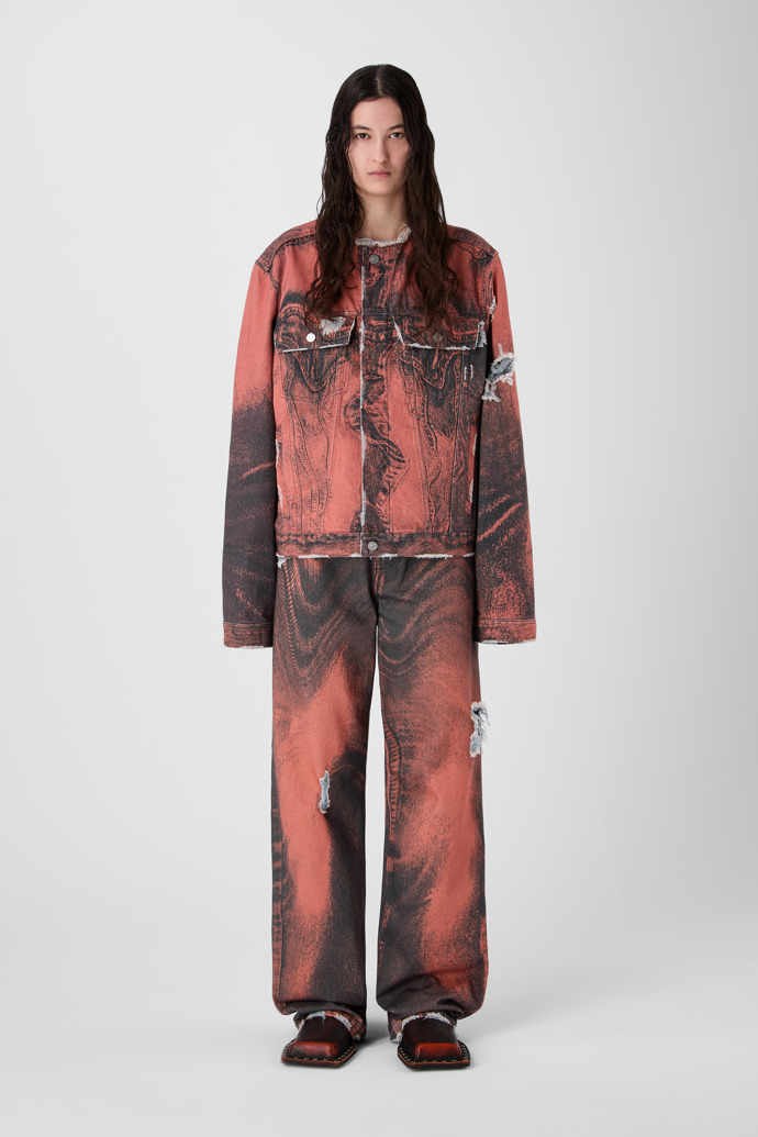 DISTORTED PRINT DISTRESSED DENIM JACKET ORANGE-BLACK