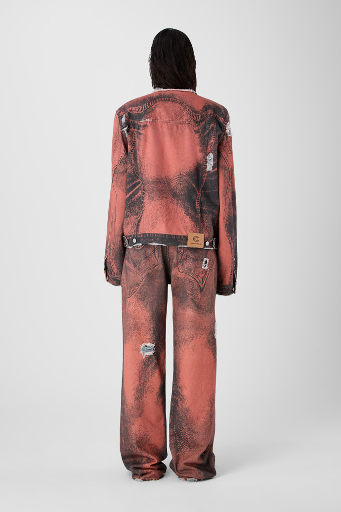 DISTORTED PRINT DISTRESSED DENIM JACKET ORANGE-BLACK