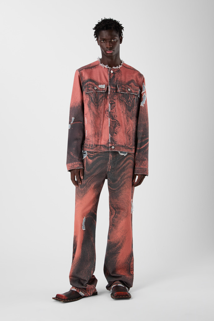DISTORTED PRINT DISTRESSED DENIM JACKET NARANJA-NEGRO