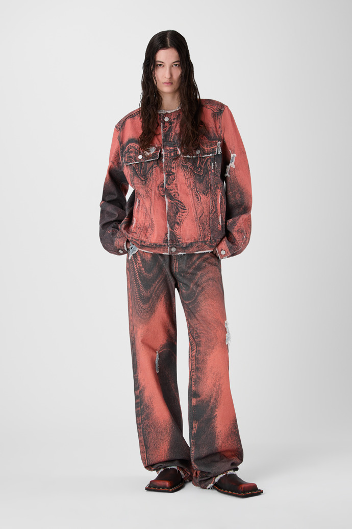 DISTORTED PRINT DISTRESSED DENIM JACKET ORANGE-BLACK