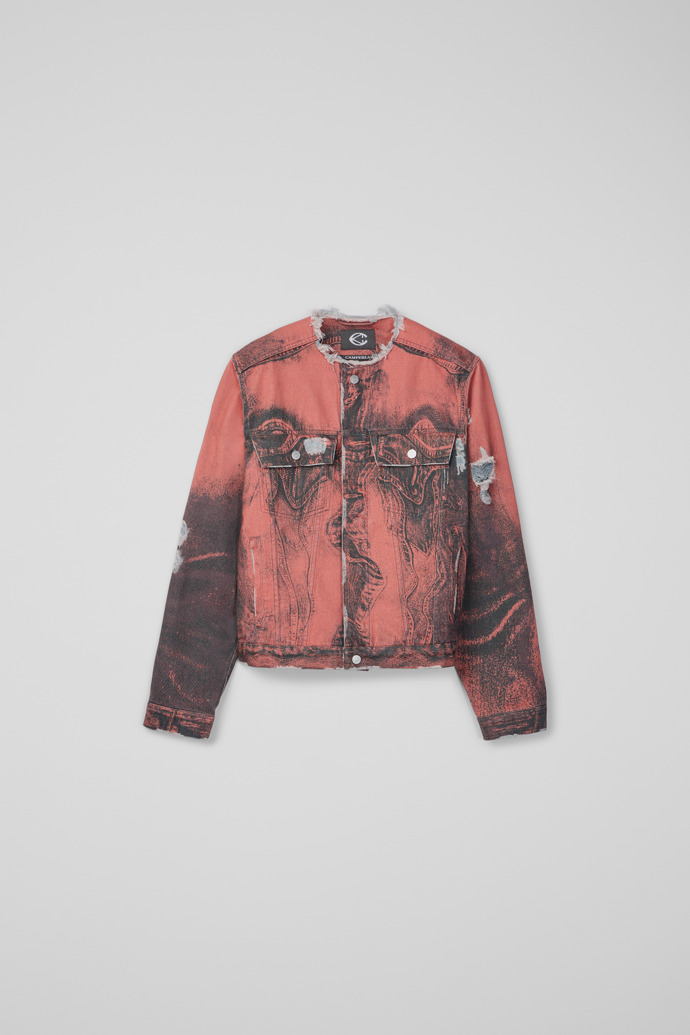 Side view of DISTORTED PRINT DISTRESSED DENIM JACKET ORANGE-BLACK