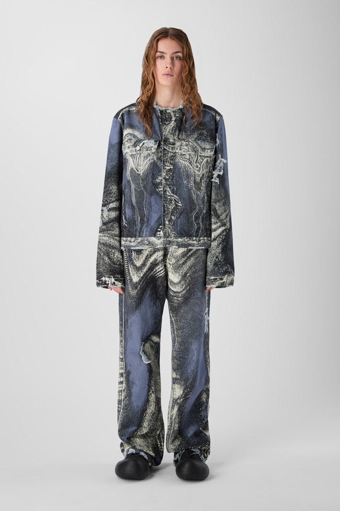 DISTORTED PRINT DISTRESSED DENIM JACKET BLEU-CRÈME