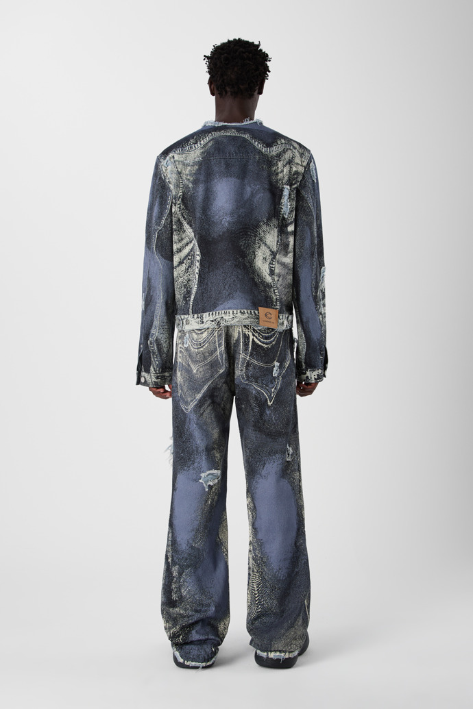 DISTORTED PRINT DISTRESSED DENIM JACKET BLUE-CREAM