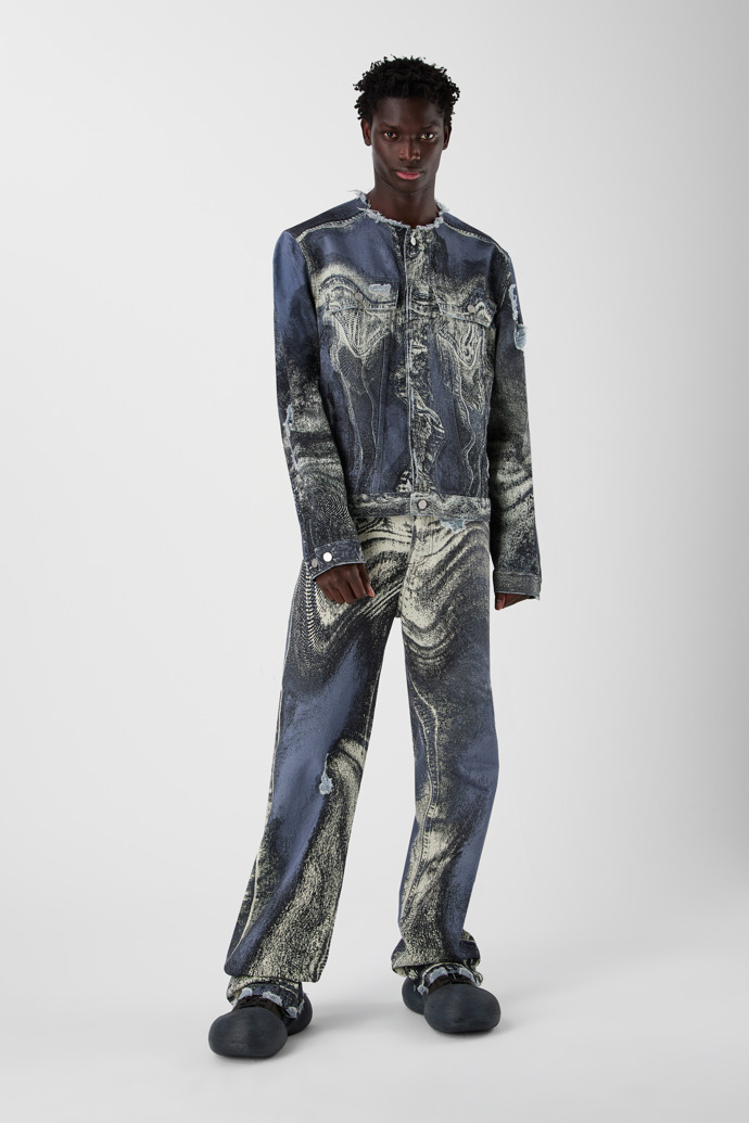 DISTORTED PRINT DISTRESSED DENIM JACKET BLUE-CREAM