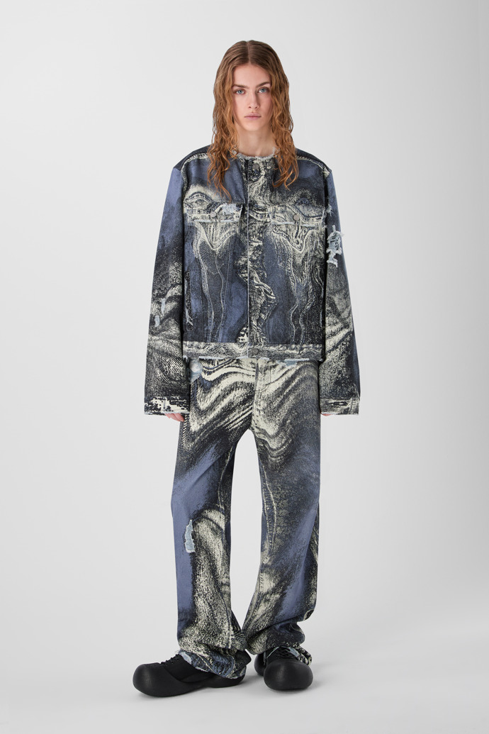 DISTORTED PRINT DISTRESSED DENIM JACKET BLEU-CRÈME