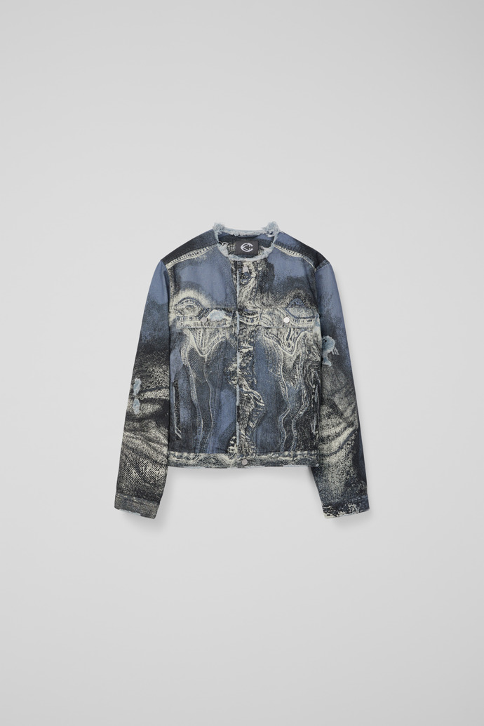 Side view of DISTORTED PRINT DISTRESSED DENIM JACKET BLUE-CREAM