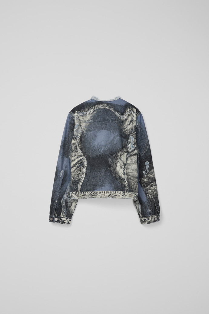 Back view of DISTORTED PRINT DISTRESSED DENIM JACKET BLUE-CREAM