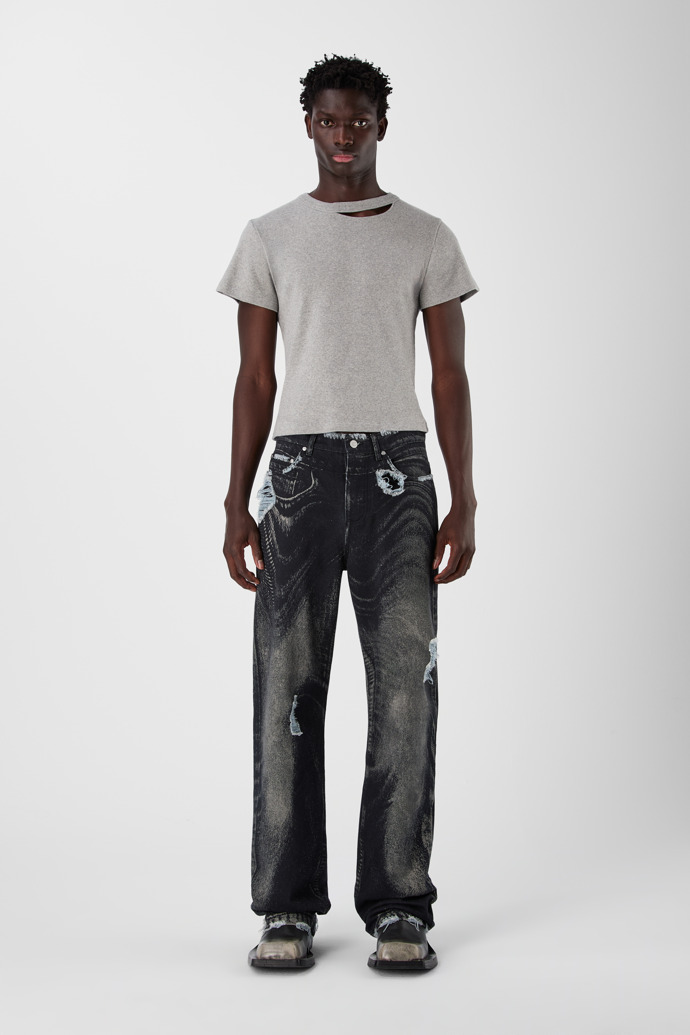 DISTORTED PRINT DISTRESSED DENIM JEANS BLACK-Gray