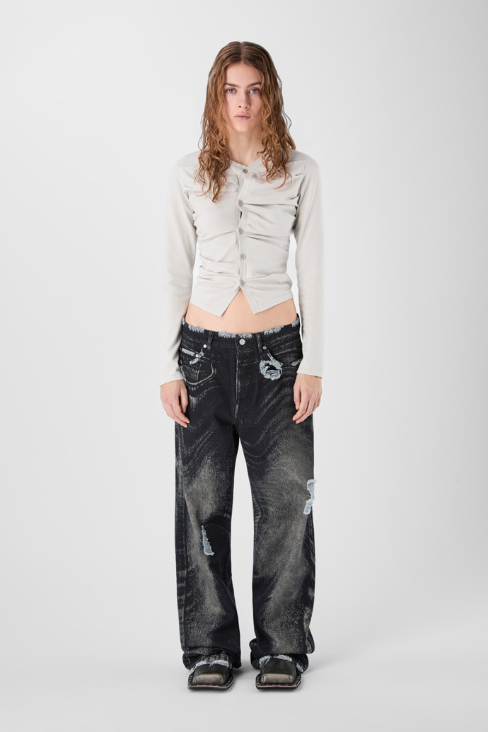DISTORTED PRINT DISTRESSED DENIM JEANS BLACK-Gray