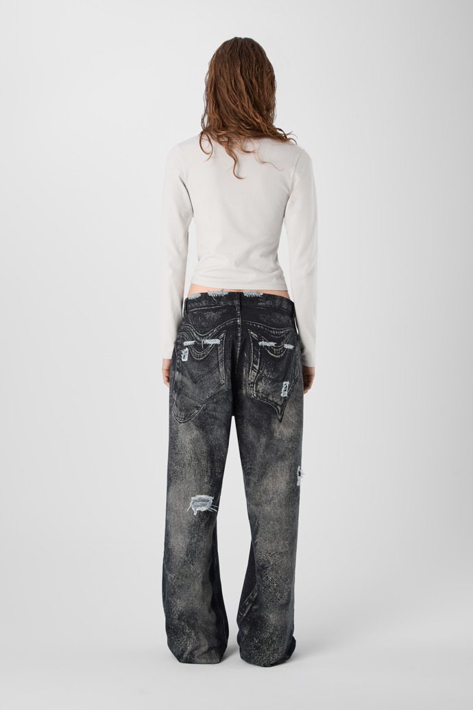 DISTORTED PRINT DISTRESSED DENIM JEANS BLACK-Gray