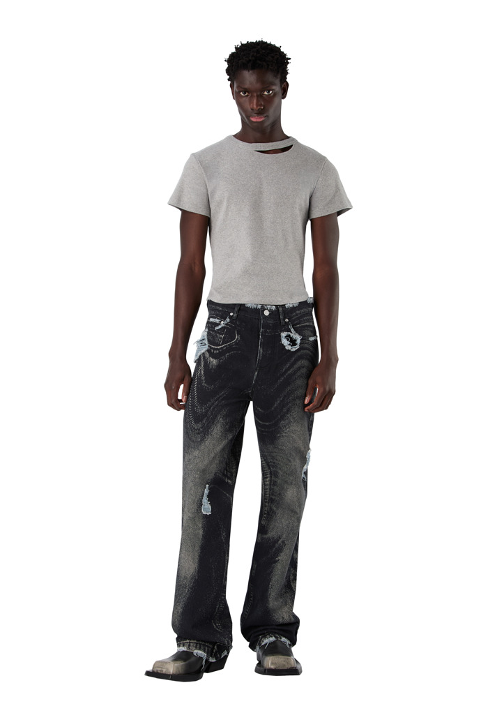 DISTORTED PRINT DISTRESSED DENIM JEANS BLACK-Gray