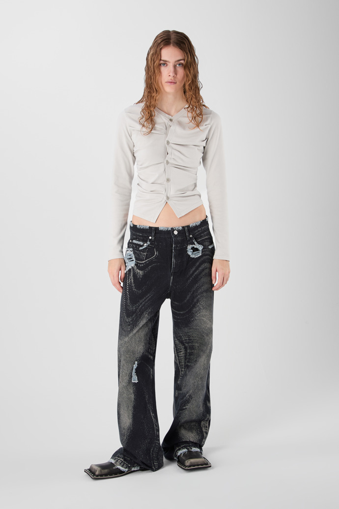 DISTORTED PRINT DISTRESSED DENIM JEANS BLACK-Gray