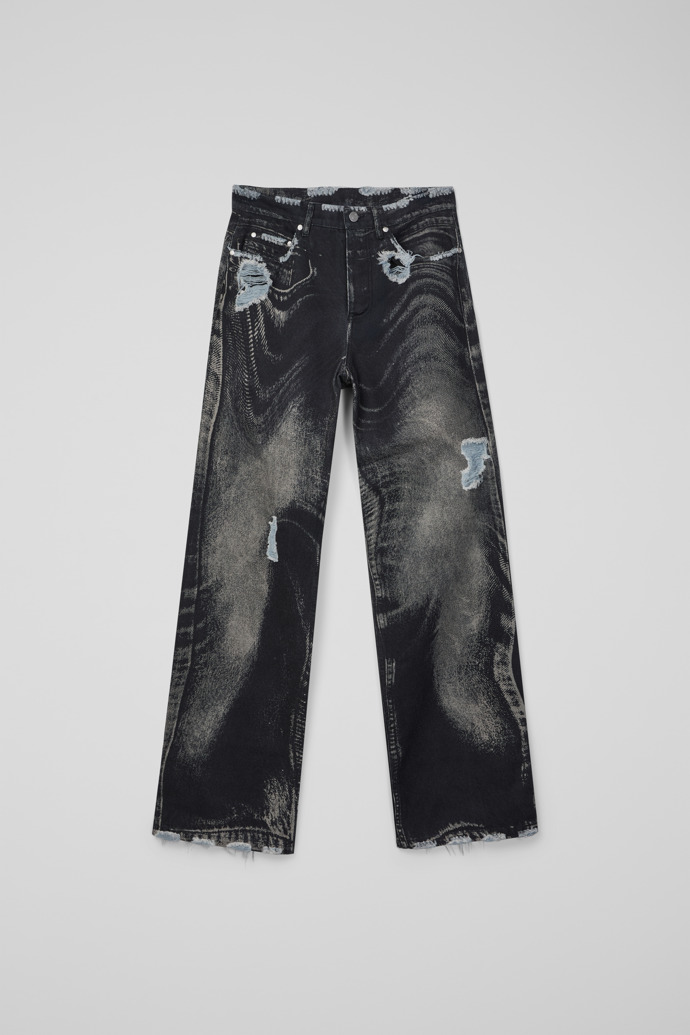 Side view of DISTORTED PRINT DISTRESSED DENIM JEANS BLACK-Gray